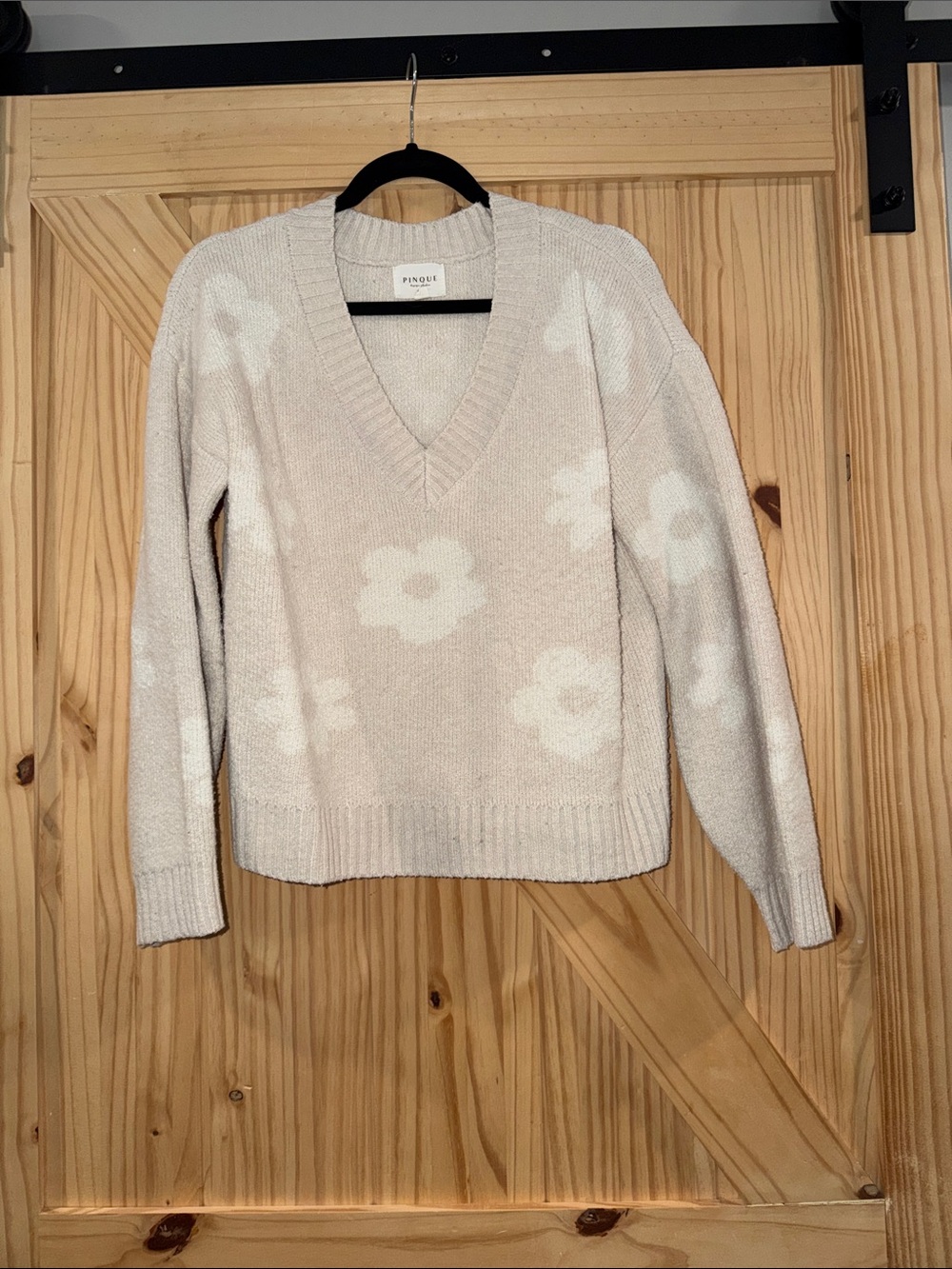 Cream and White Floral V‑Neck Sweater